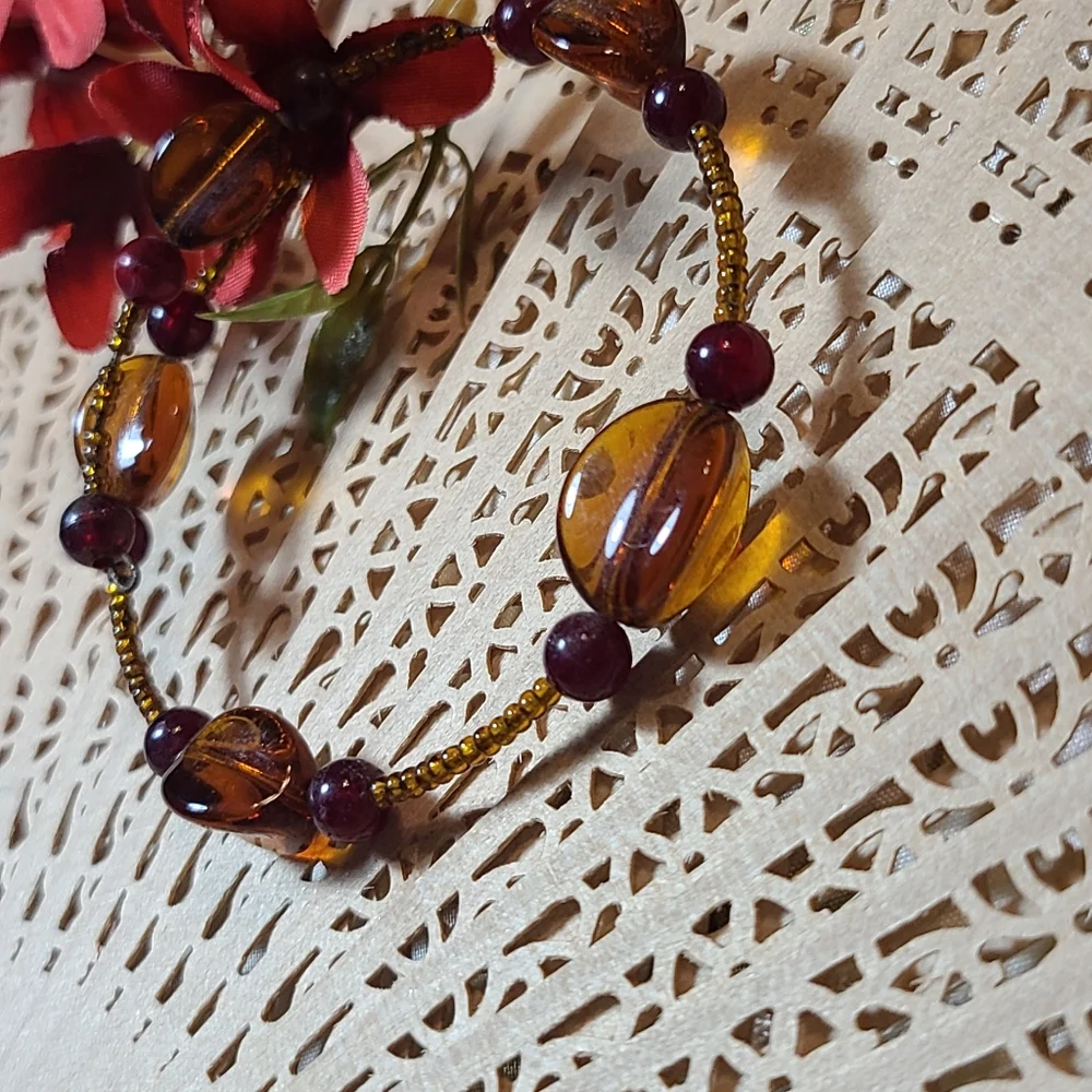 Unique Vintage Amber and Burgundy Beaded Bracelet
